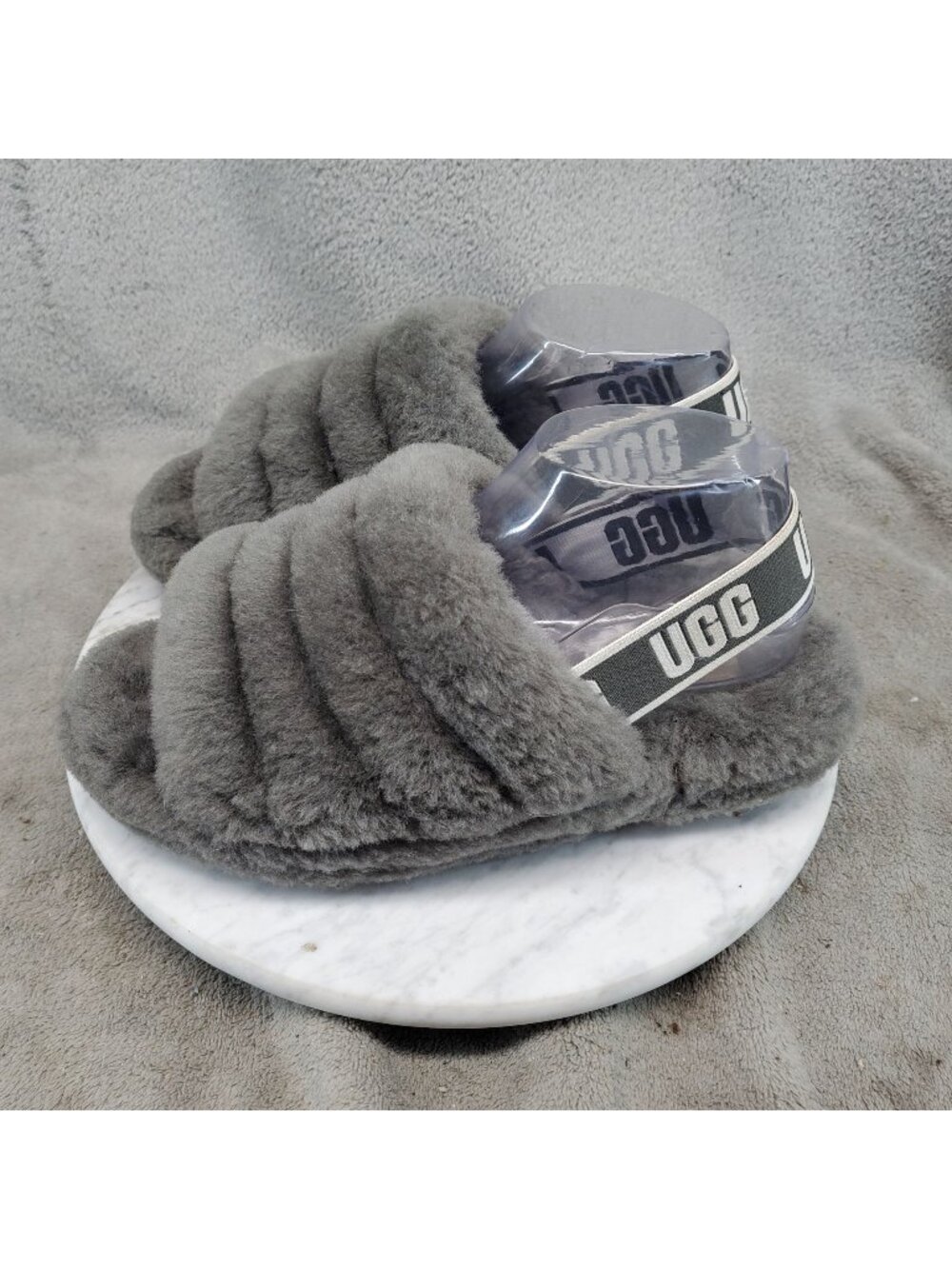 UGG Shoes Womens Size 8 Fluff Yeah Gray Leather Slingback Slipper Sandals *Read*